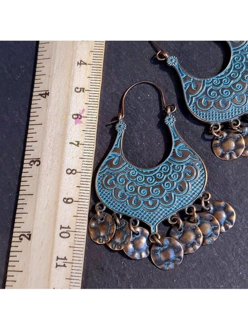Antique Copper Verdigris Blue Green Patina Moroccan Hammered Rounds Earrings - Picture 6 of 6